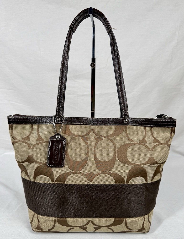 COACH Khaki Brown Signature Stripe Tote Shoulder Bag F13548