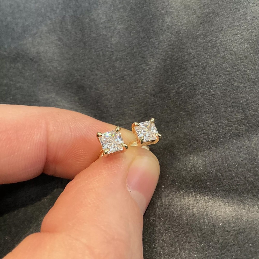 1 Ct. Lab Grown Diamond Princess Cut Solitaire Stud Earrings Set Gold Plated 925