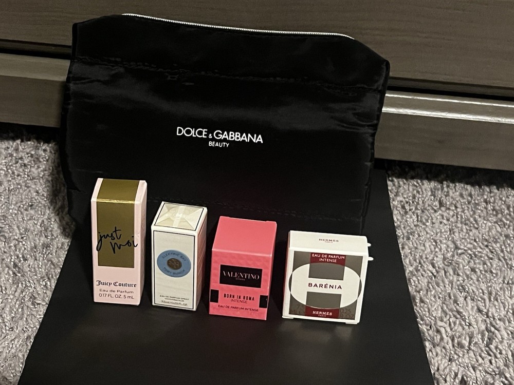 Mini Perfumes Juicy Tory Burch, Valentino, And Hermes Set Of 4 With a Makeup Bag