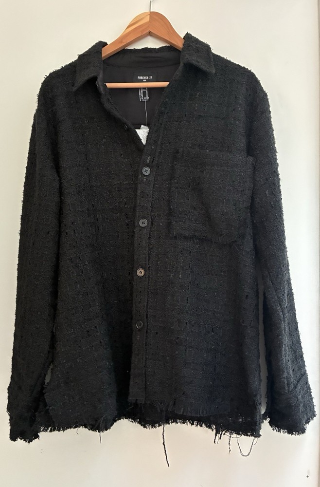 Forever 21 Men's Solid Black Woven Polyester Blend Collared Button Up Jacket M