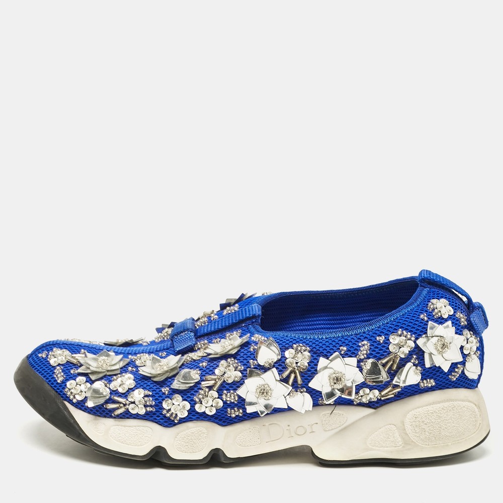Dior Blue Mesh Crystal Embellished Slip-On Sneakers Size 36.5