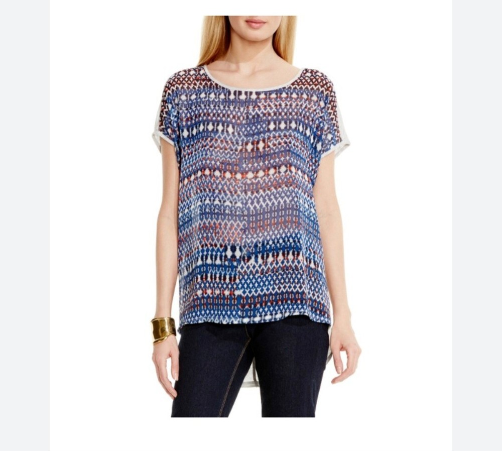 Vince Camuto Blue Geometric Boho Sheer Short Sleeve Top 2X