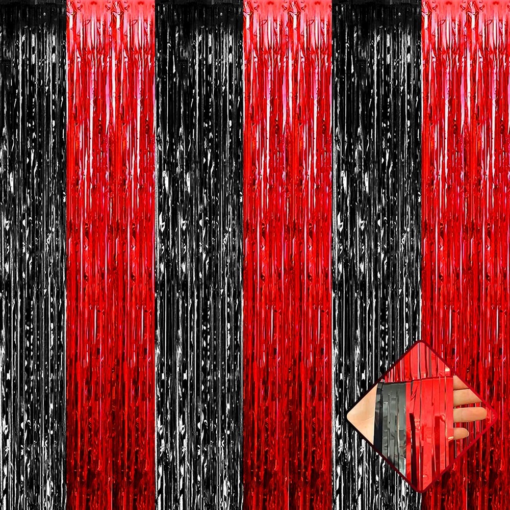 4 Pack 3.2Ft x 9.8Ft Black Red Foil Fringe Curtain Backdrop, Metallic Tinsel ...