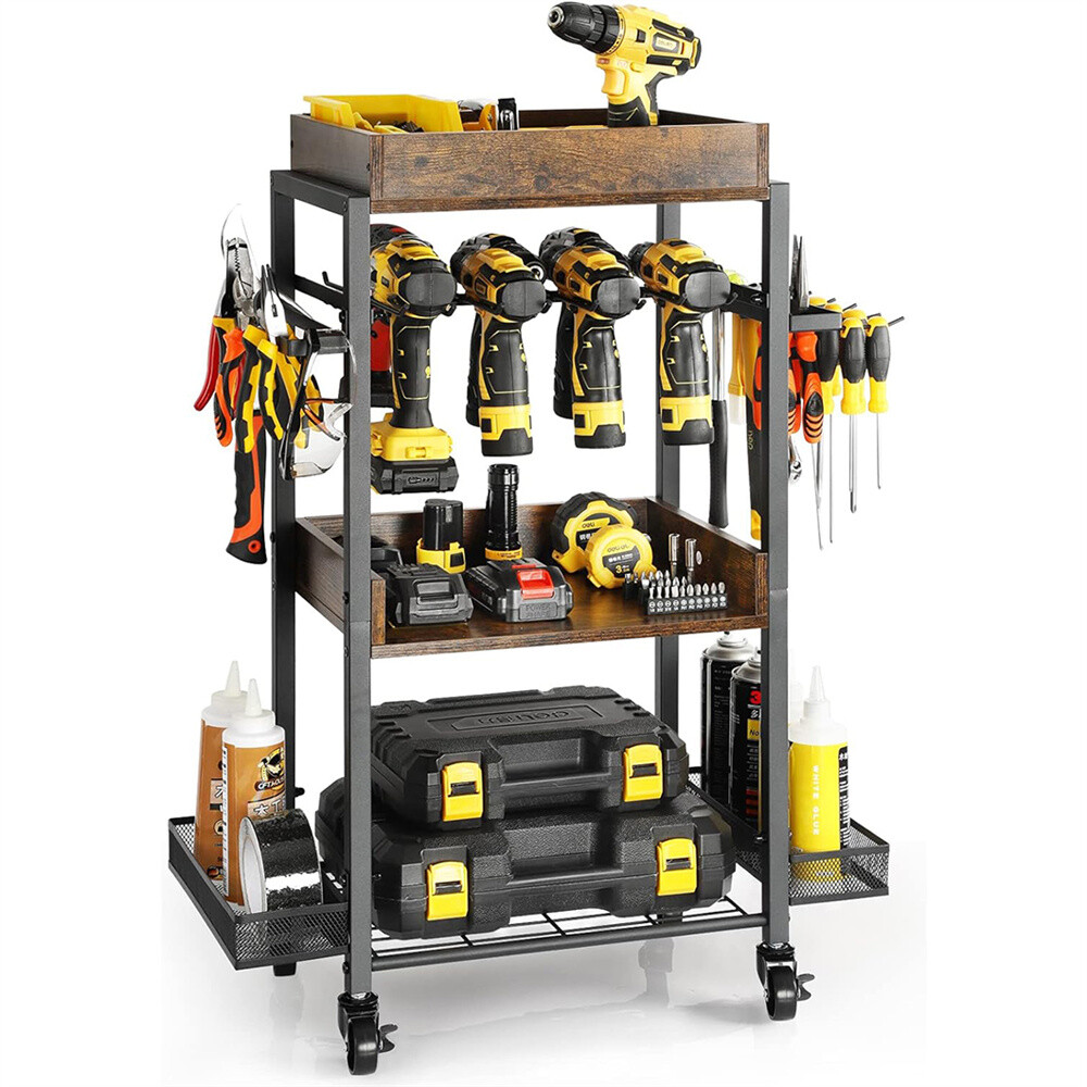 Power Tool Organizer Garage Storage Shelving Tool Holder Rolling Cart Drill Rack