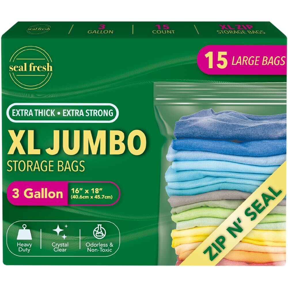 3 Gallon Heavy Duty Plastic Storage Bags - 15 Count Jumbo Zip Bags