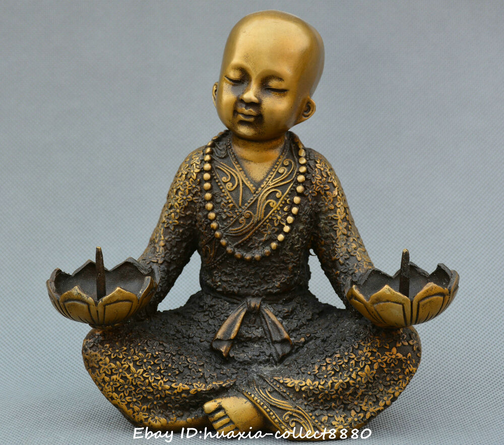 18cm China Old Bronze Carve Buddhist Monk Statue Candlestick Incense Burner