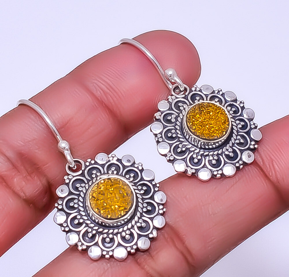 Gold Titanium Agate Drusy 925 Sterling Silver Bali Earring 1.33
