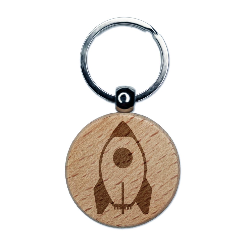 Rocket Space Ship Engraved Wood Round Keychain Tag Charm