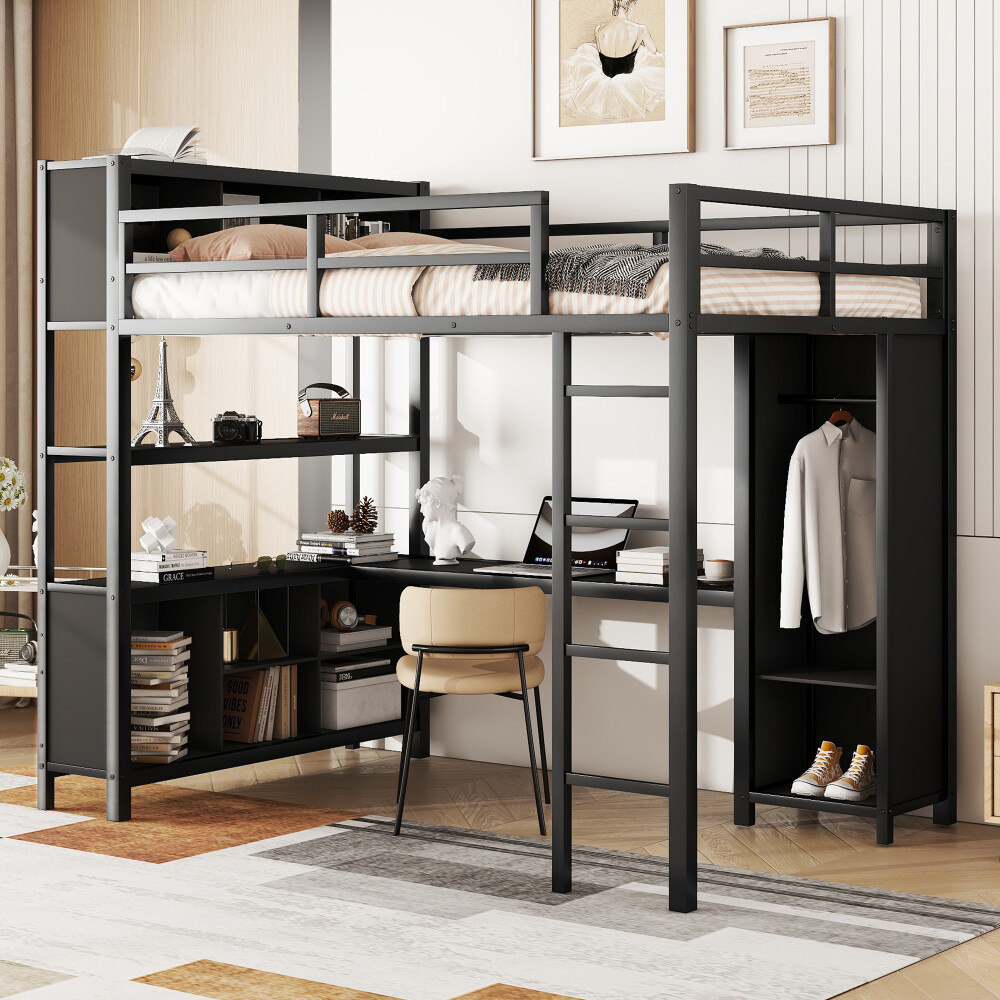 Heavy Duty Full Metal Loft Bed with Wardrobe L-Desk and Storage for Kids Teens Adults-image