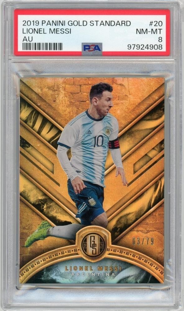 Lionel Messi 2019–20 PANINI золотой стандарт No20 AU 3/79 [PSA 8]