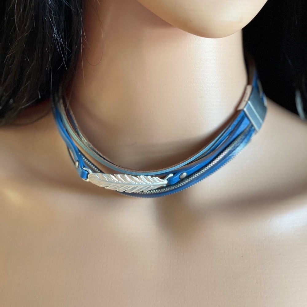 Blue Layered Choker Necklace Silver Feather Charm Boho Chic Wrap Bracelet