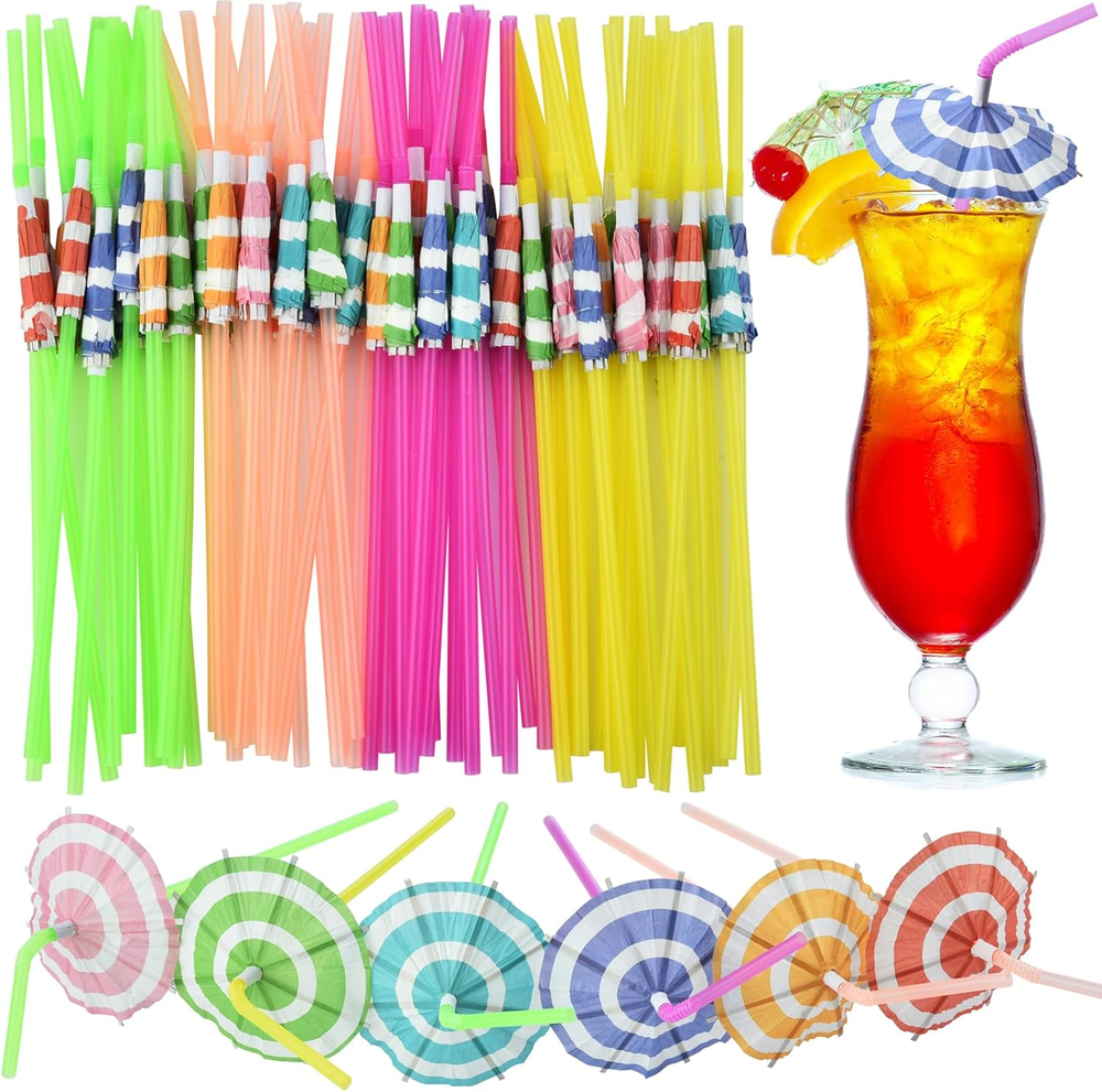 100 PCS Umbrella Straws, Long Cocktail Drink Umbrellas Fancy Flower Bar Straws,