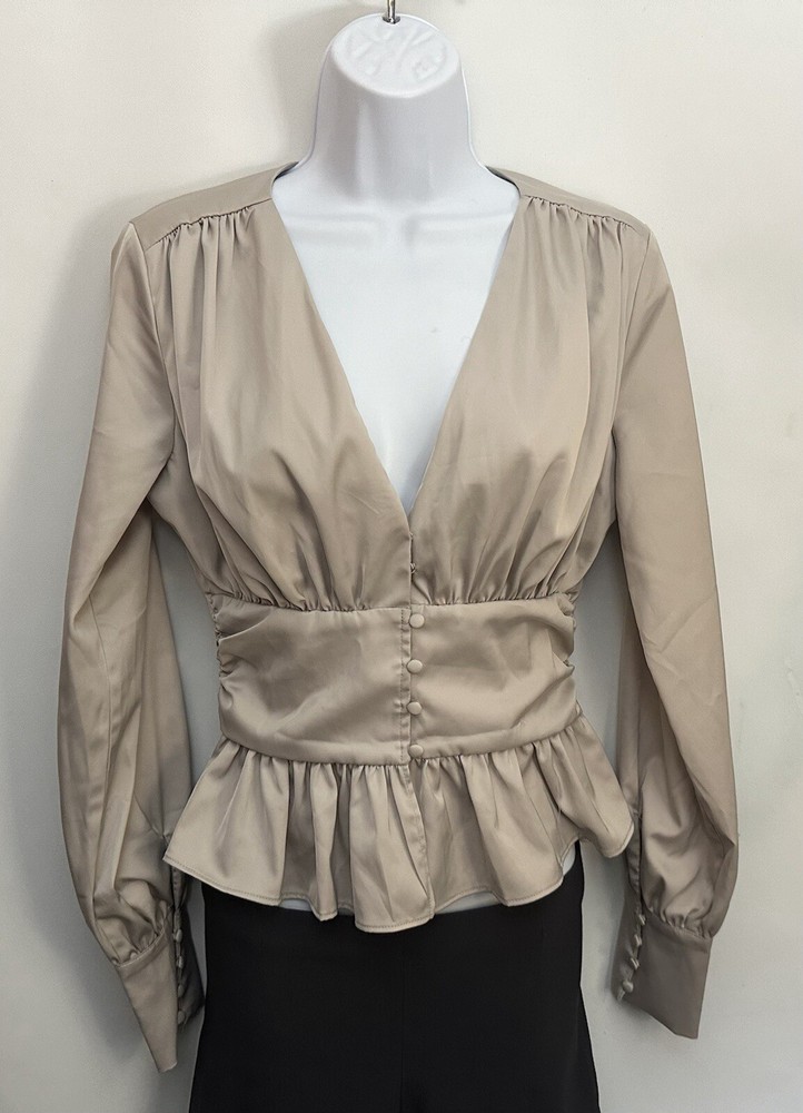 $300 JASON WU Blouse Women S Peplum Ruffles Hem V-Neck Satin Gathered Waist EUC