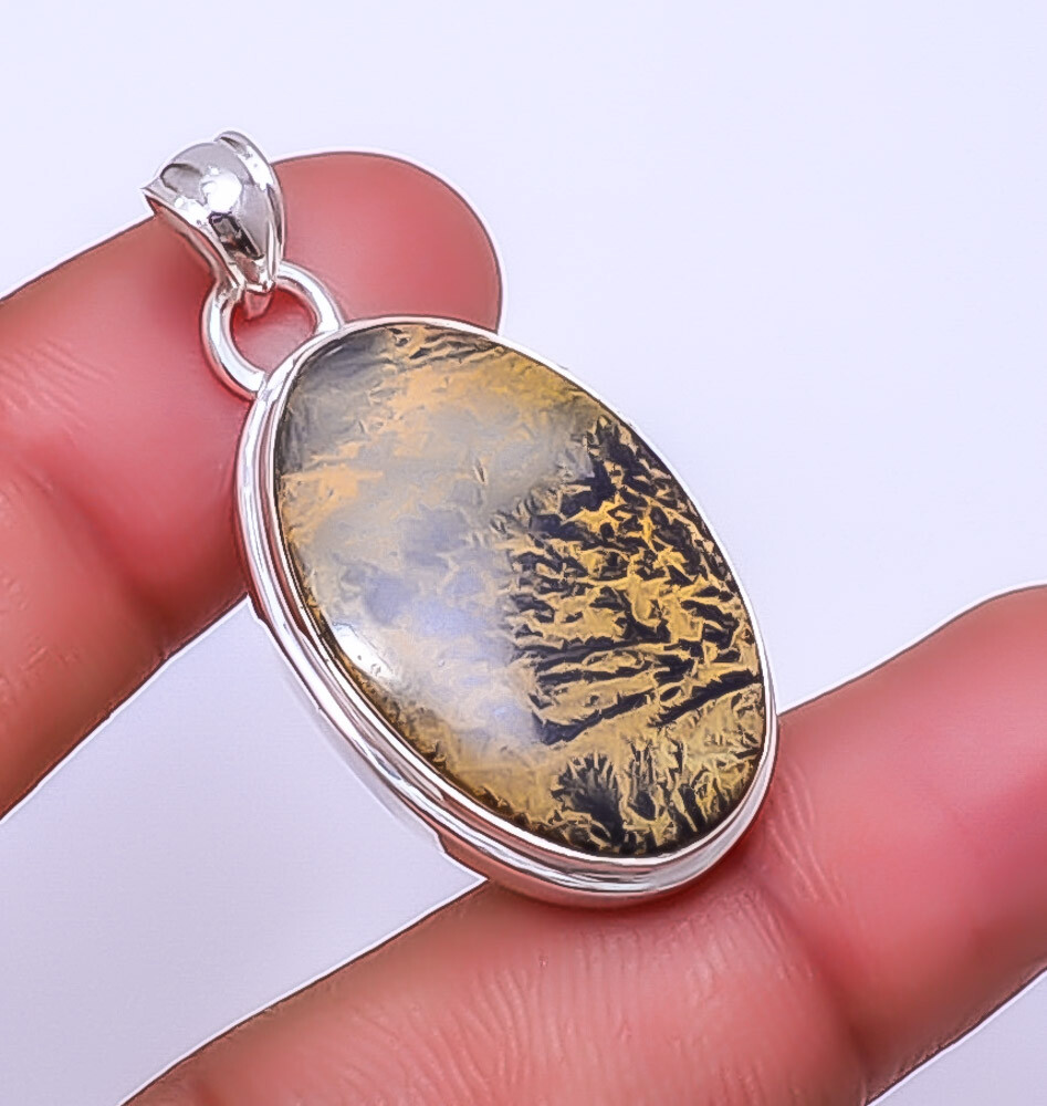 Honey Dendritic Opal - Mexico Gemstone 925 Sterling Silver Pendant 1.64