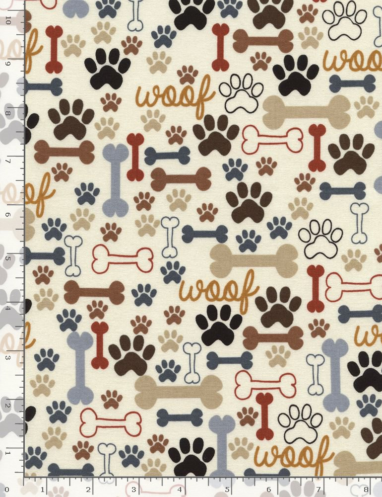 Timeless Treasures Dog Bone Paw Woof Brown Cream Animal Fabric by the Yard
