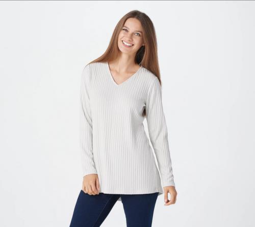 Susan Graver Ribbed Sweater Knit Tunic with Hi-Low Hem (Ivory, Small) A367767