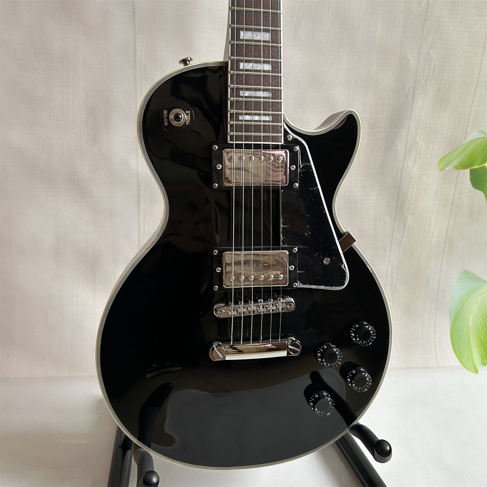 Custom LP Solid Body Electric Guitar Shiny Black Body HH Pickups Chrome Hardware