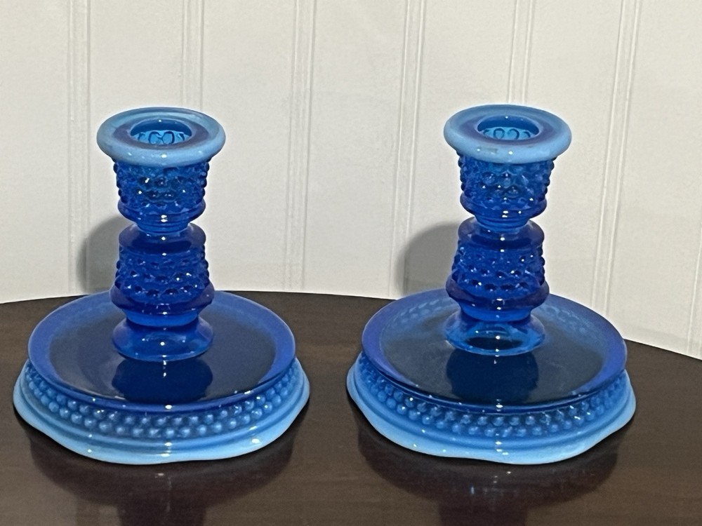 Vintage Westmoreland Hobnail Candlesticks in Cobalt Blue Opalescent