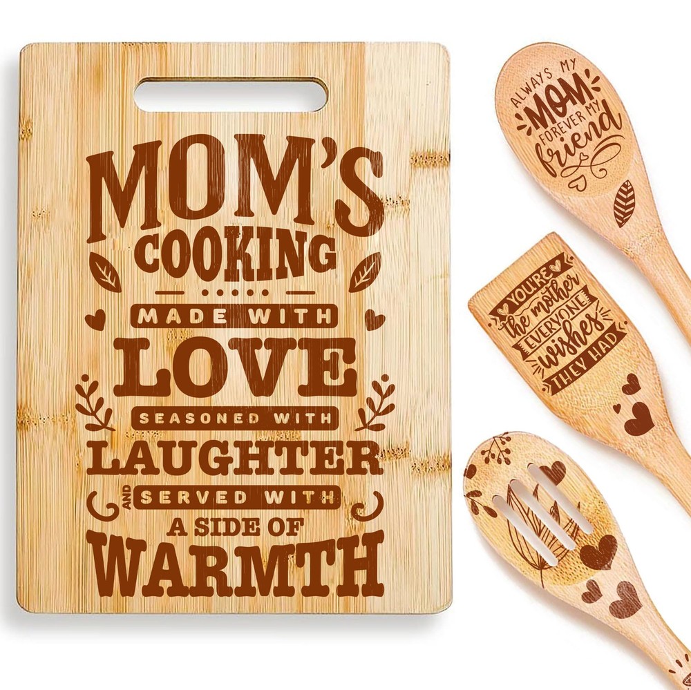 Riviera Wood Cutting Board with Wooden Spoons For Cooking, Gifts For Mom – Se...