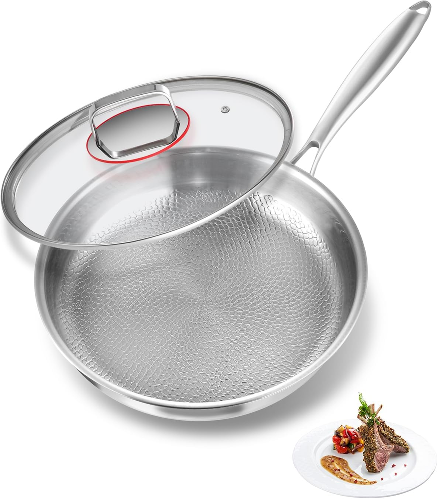 Stainless Steel Frying Pan with Lid, Titanium Frying Pan, 5-Ply Construction Sta