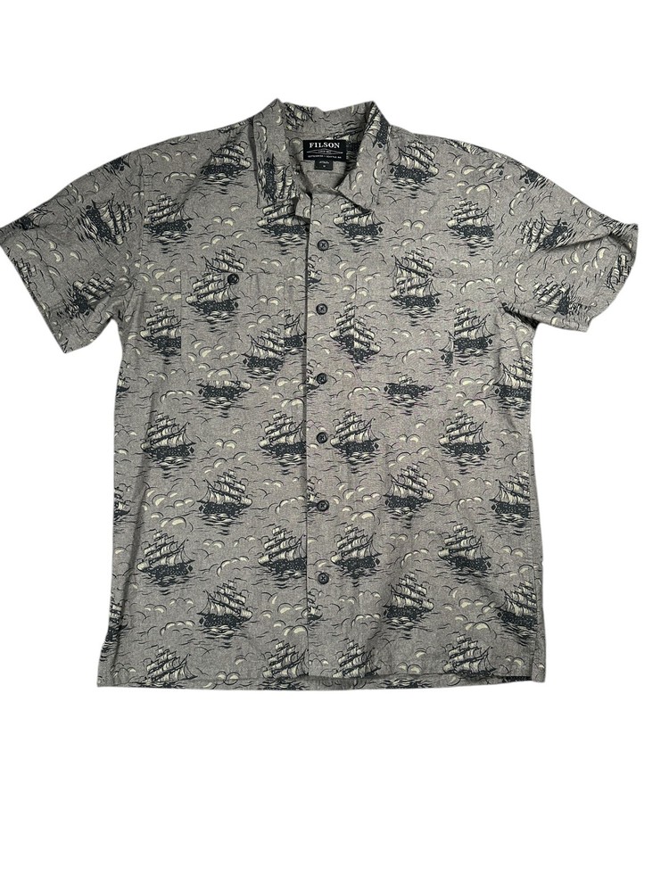 Filson Mens Short Sleeve Camp Shirt with Ship Print in Sail Gray Black