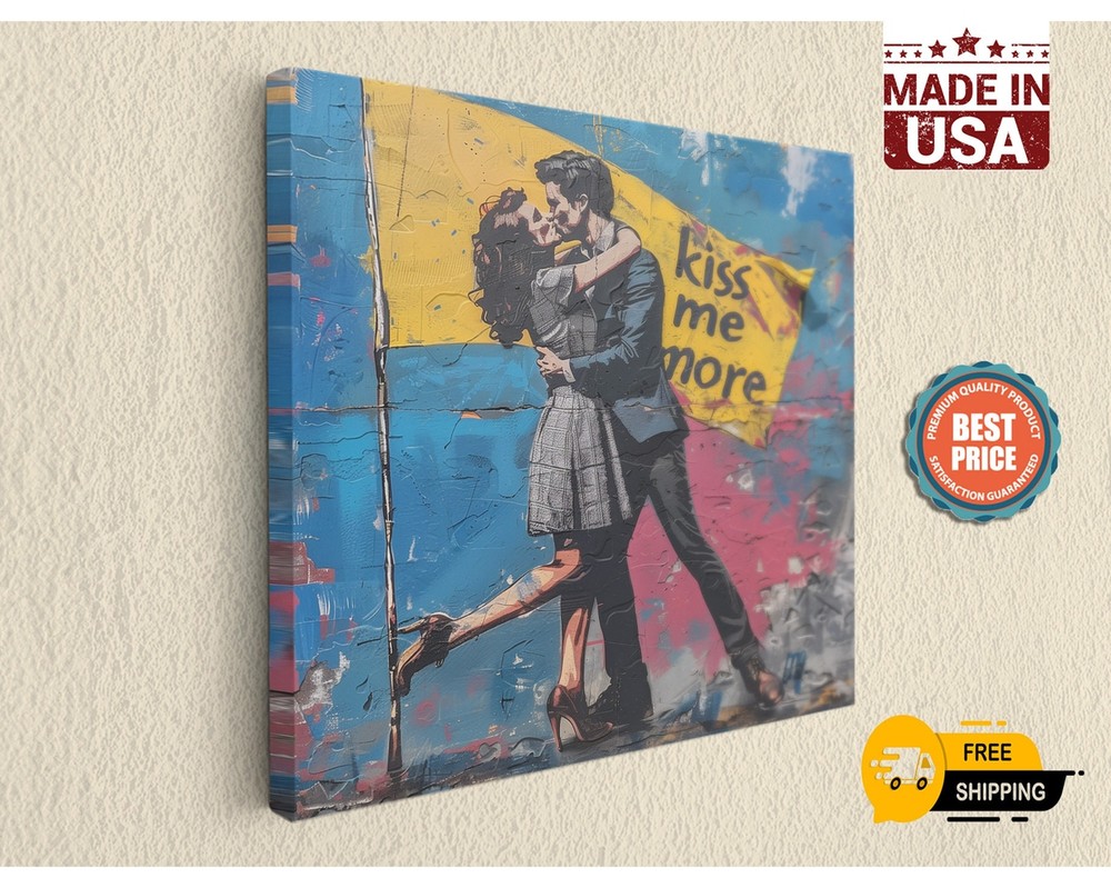 Pop Art Couple Kiss Me More Street Art by Banksy on Canvas Print - Home Decor