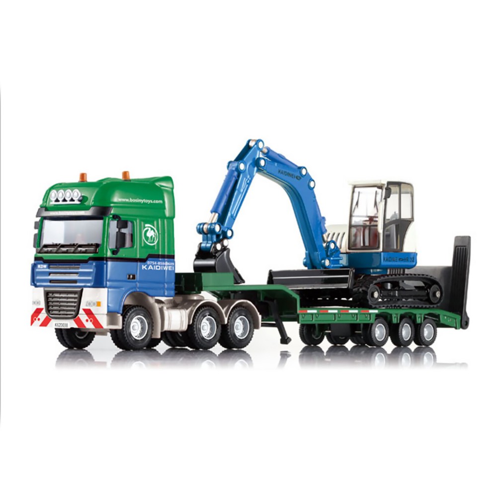 1/50 Alloy Engineering Alloy Flatbed Trailer Construction Truck With Excavator A