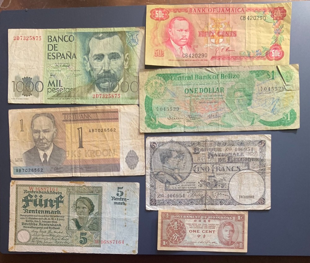 LOT OF 7 DIFFERENT NOTES, 7 DIFFERENT COUNTRIES, HEAVILY CIRCULATED