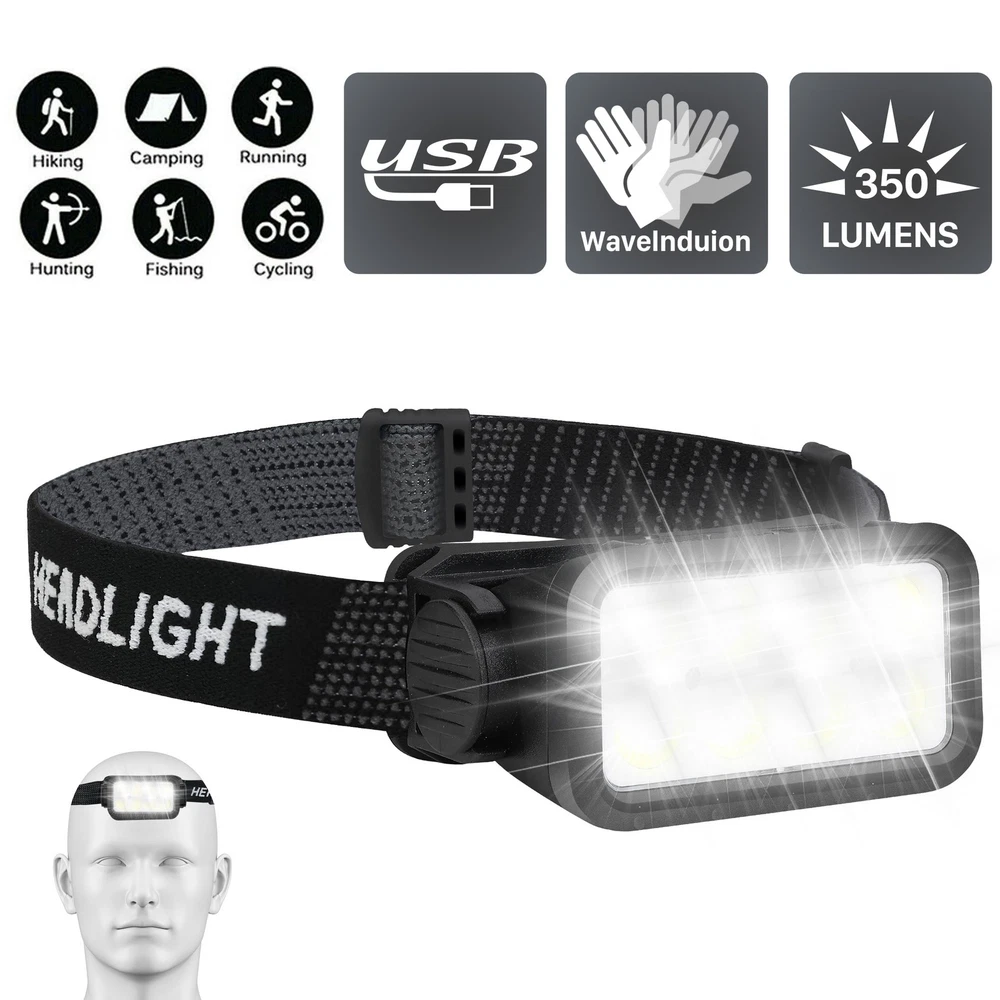 USB Rechargeable Headlight Torch Work Light Bar Head Band Lamp COB LED
