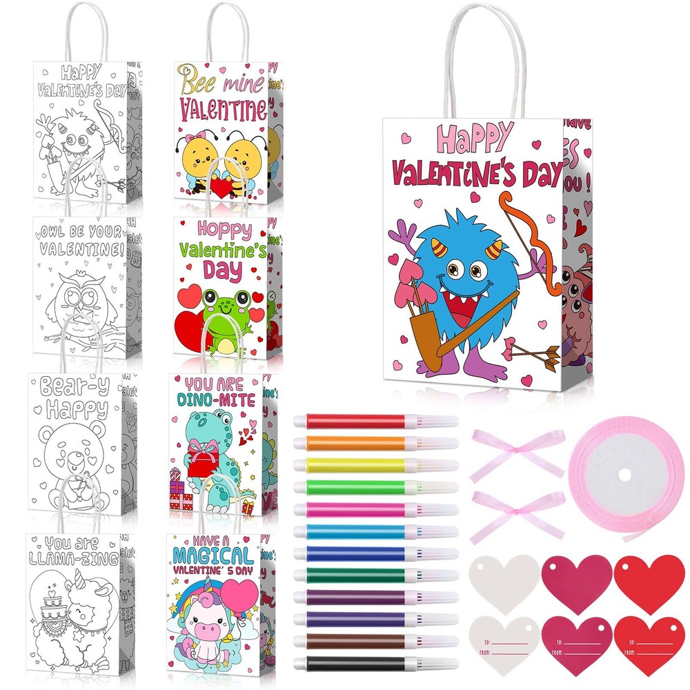 24 Set Valentine's Day Coloring Bags with Pen Heart Tags Ribbon Bulk Color Yo...