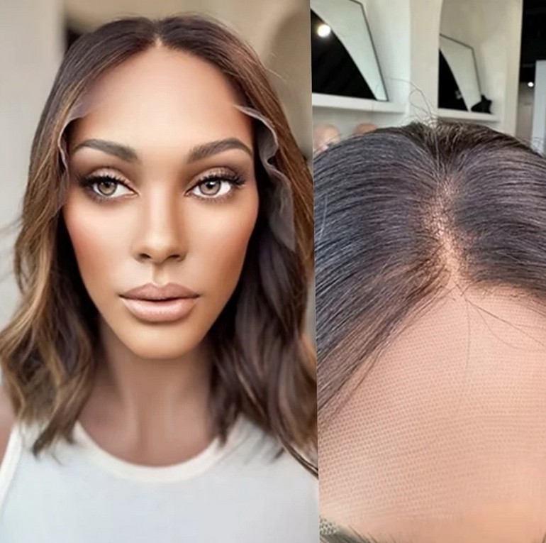 Short Wave Bob Dark Brown with Blonde13x4 Lace Front Human Hair Wig for Women