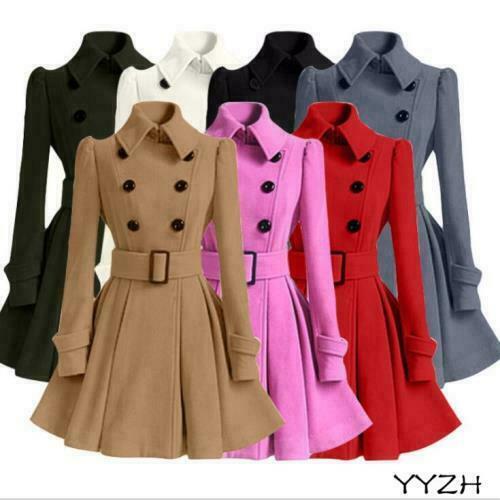 Double Breasted Womens Slim Fit Wool Belted Trench Coat-image