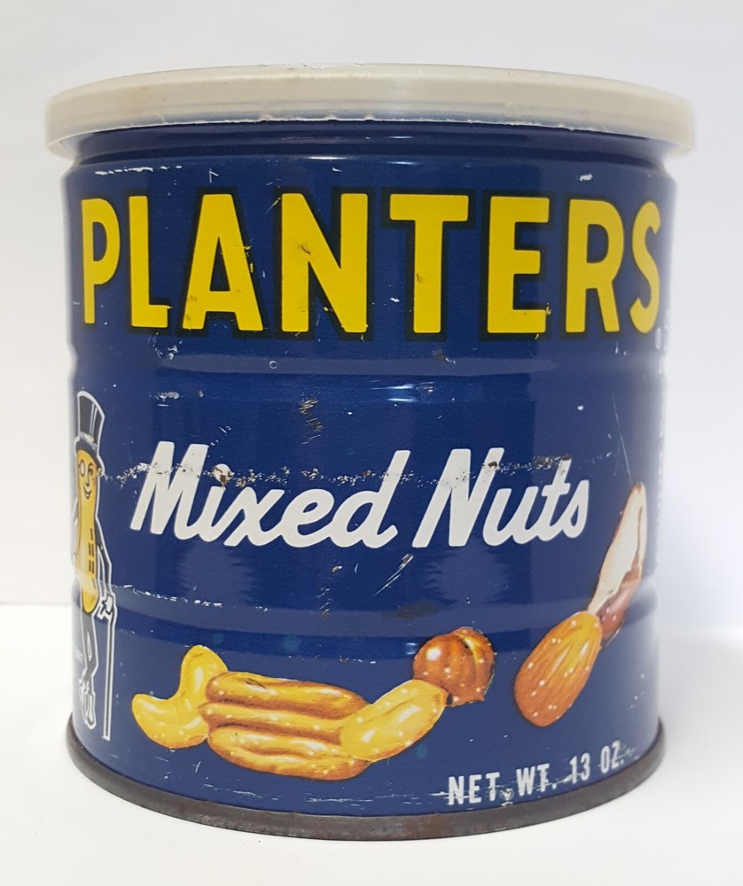 Planters Mixed Nuts Metal Can Plastic Lid Mr Peanut 13oz EMPTY Vtg 1960s Litho