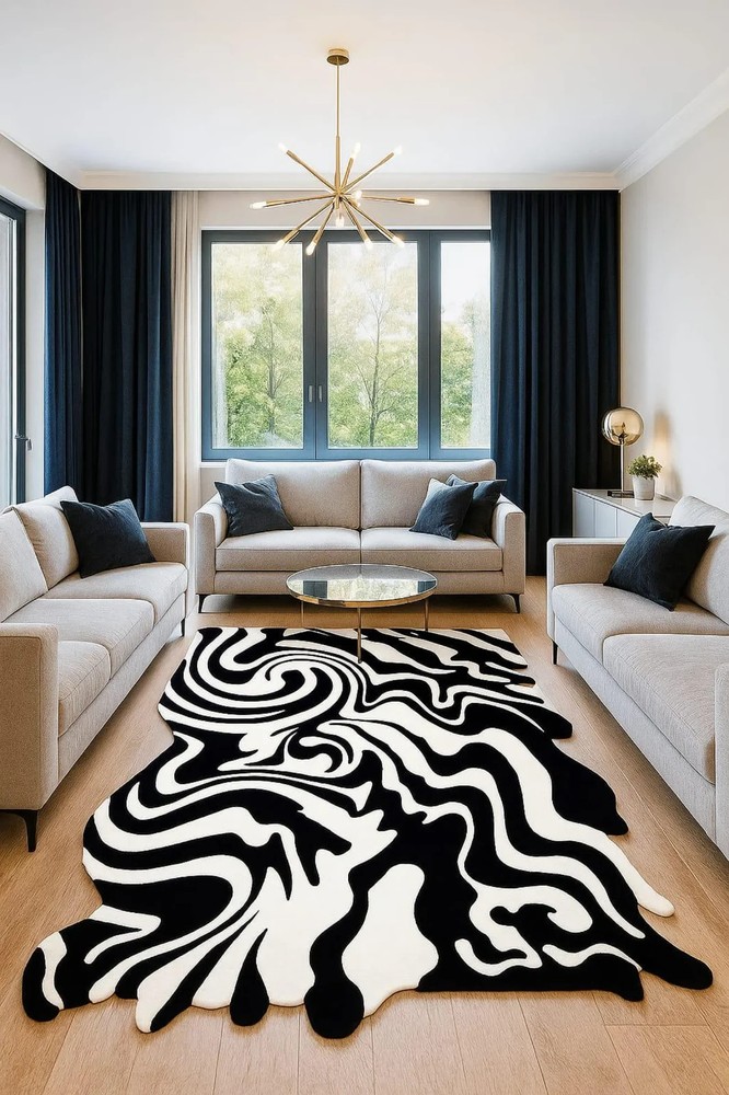 Black and White Abstract Swirl Rug – Modern Irregular Shaped Artistic Carpet