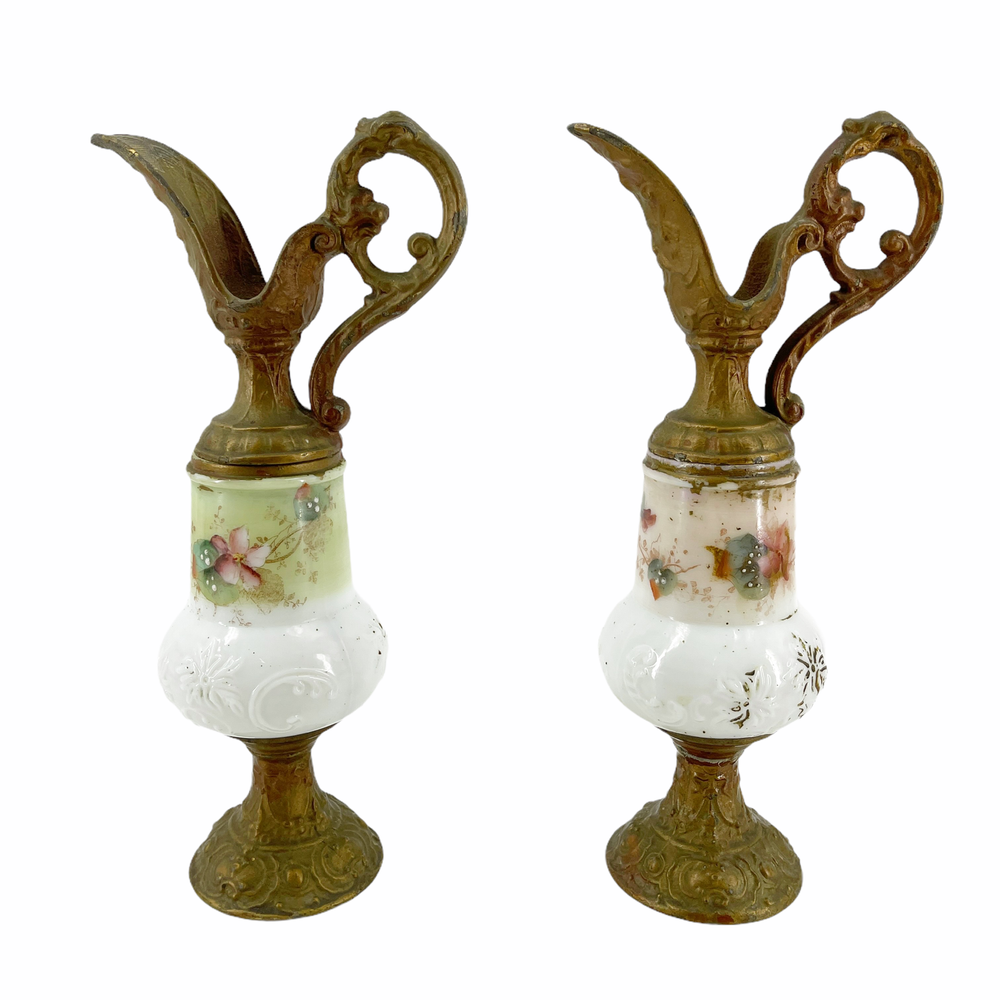 Pair of Antique Victorian Hand Painted Art Glass Mantel Ewers Cast Metal Ends