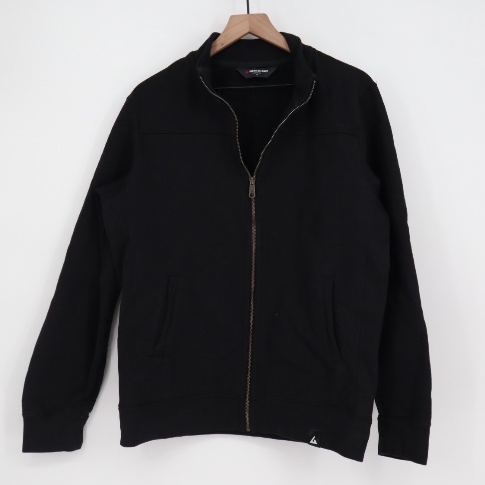 American Giant Jacket Mens Medium Black Cotton Pockets Full Zip Logo Ribbed Hem