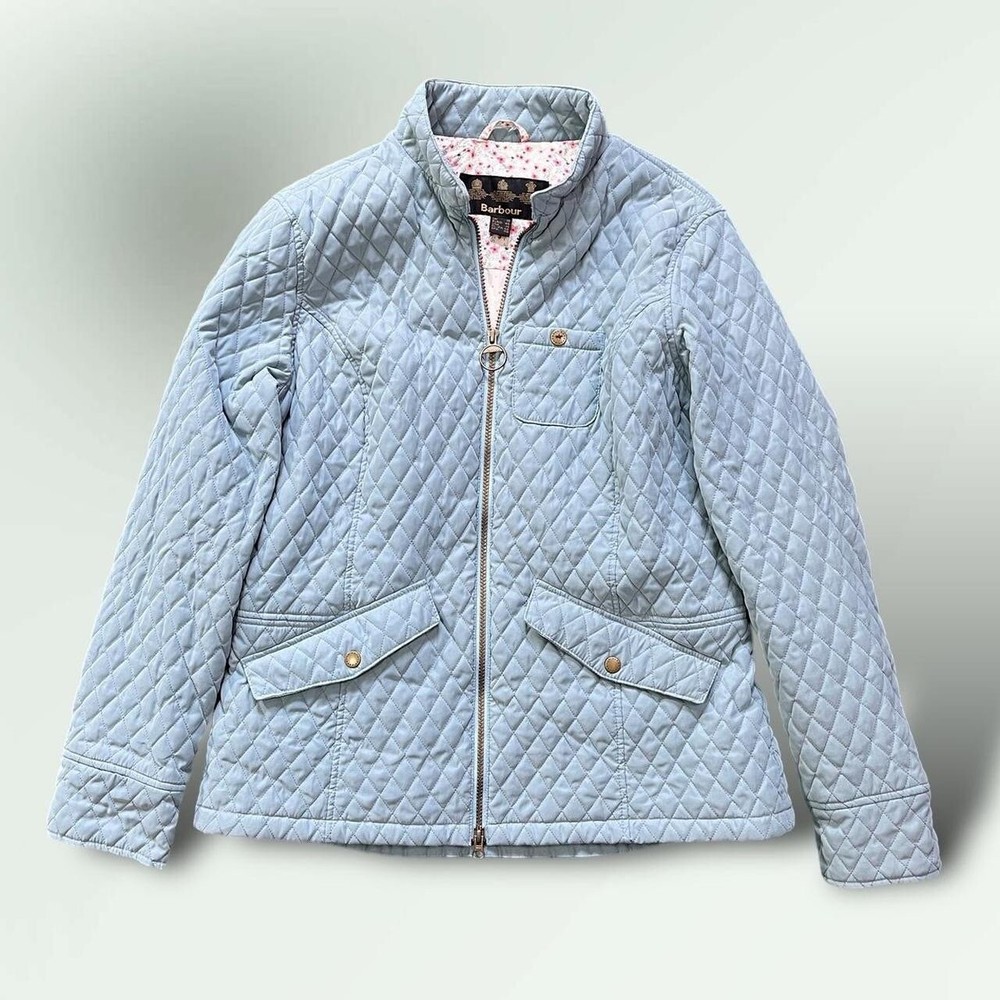 Barbour Quilted Lead Jacket Size L Blue Horse Pattern Lining VGC Retro Designer