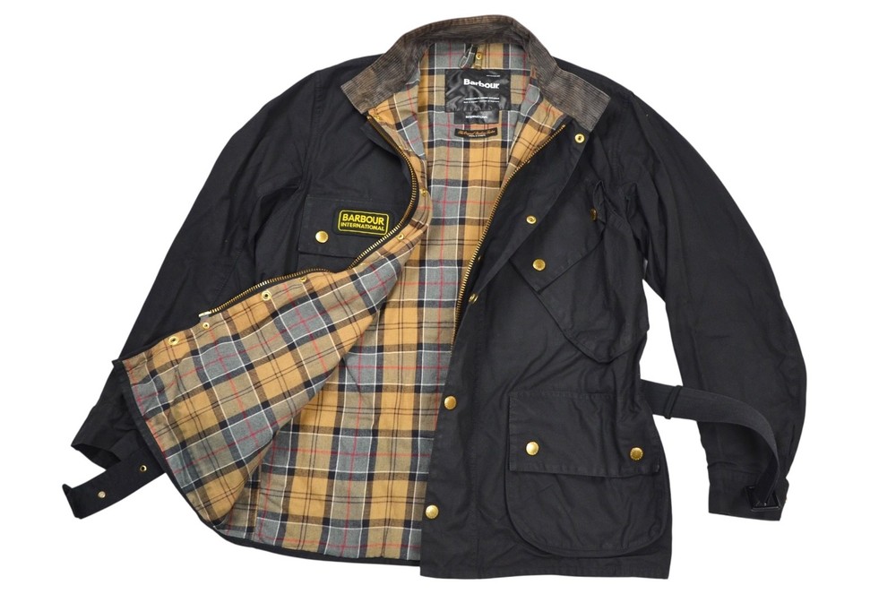 Barbour International Motorcycle Jacket Men's Wax Black Belted England Size 42