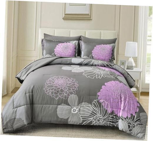 7 Pieces Bed in a Bag Comforter Set Queen Size Grey Purple Bedding Sets