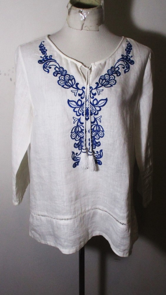 ARTISANNY White 100% Linen Embroidered Top Size L