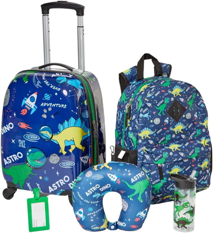 5 Pc. Boys’ Dinosaur Space Rolling Suitcase Set with Backpack, Neck Pillow, Wate