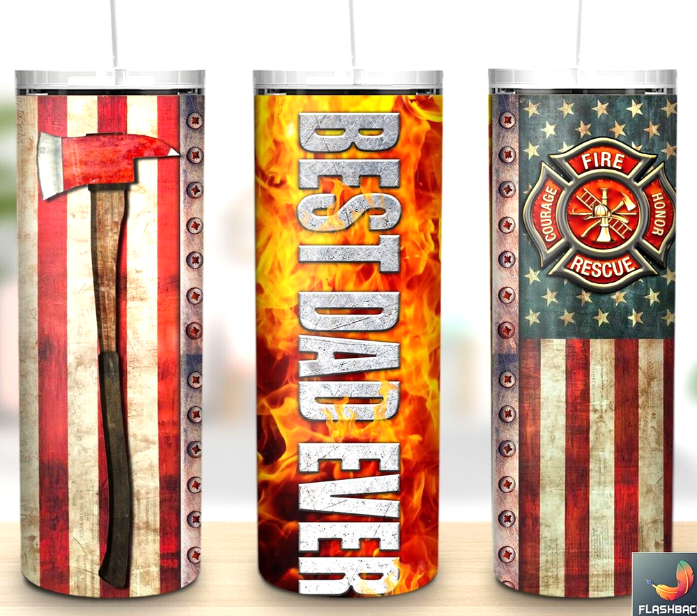 Fathers Day Best Dad Firefighter Multicolor 20oz Insulated Tumbler Straw New-image
