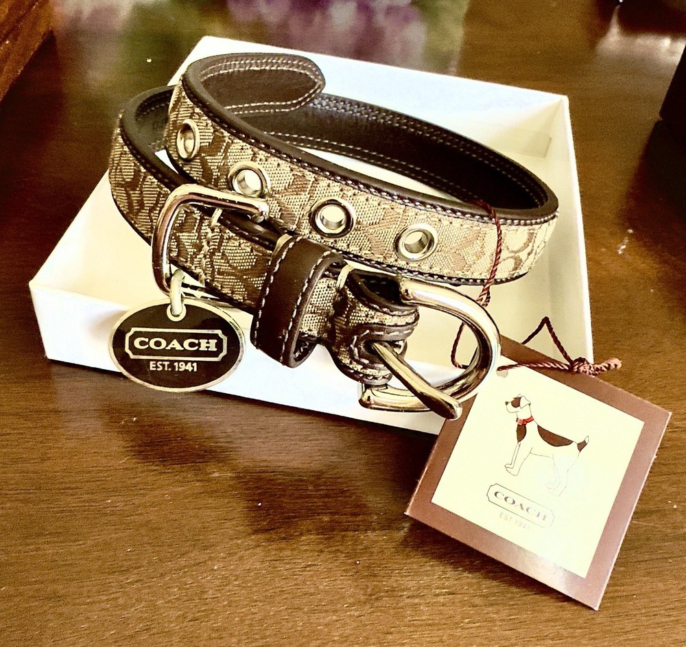 NIB Authentic COACH Signature Dog Collar Khaki Mahogany Brown Leather Medium M