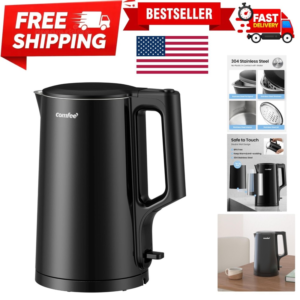 1.7L Double Wall Electric Tea Kettle and Kettle Water Boiler, 100% Stainless ...