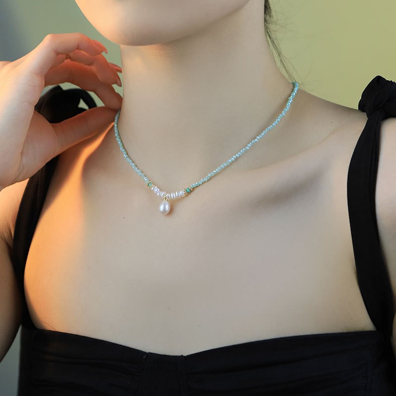 Natural Pear Pendant Jewelry Green Glass Collarbone Necklace Chain Choker Gifts