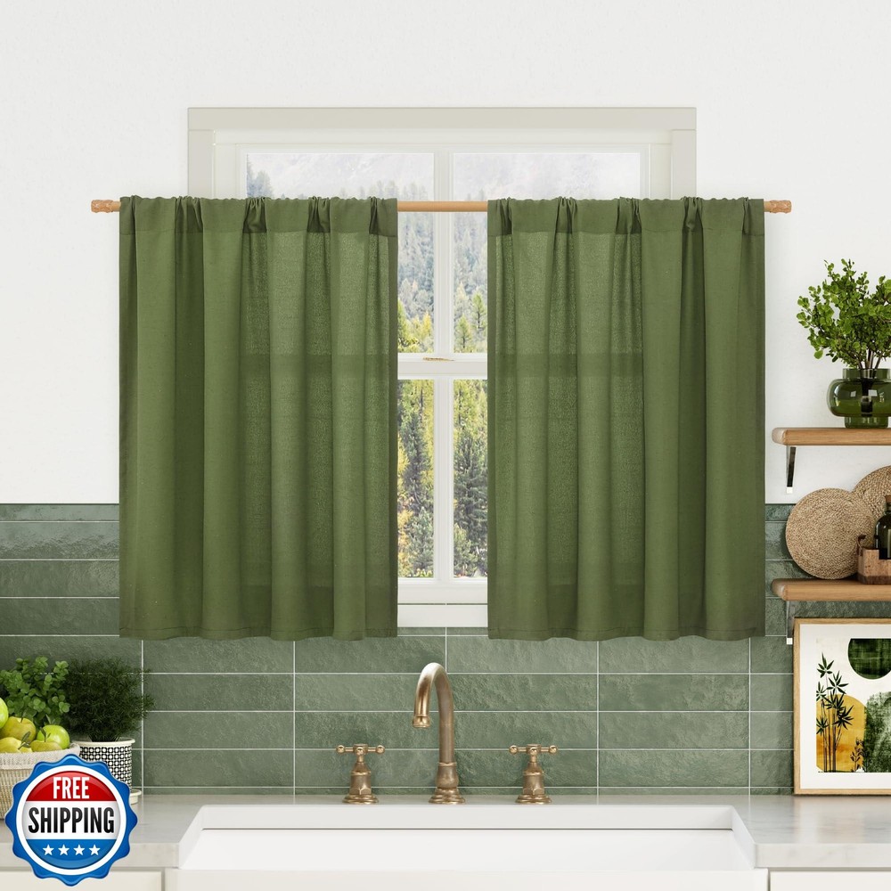 LAMIT 30 Inch Linen Curtains 2 Panels Light Filtering Kitchen Cafe Window Treatment