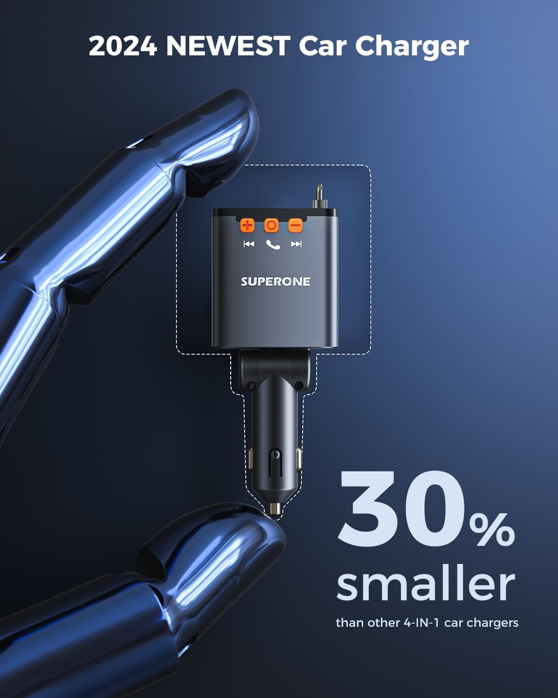 Compact 69W Bluetooth 5.3 Car Adapter with Retractable Cables for MP3