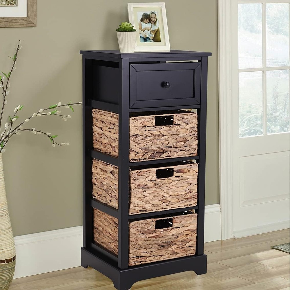 Farmhouse Black Narrow Storage Cabinet with Baskets and Shelves