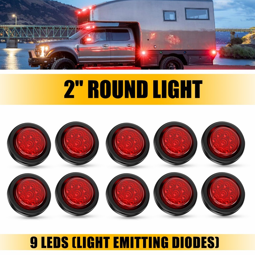 2-Inch 10X DOT Certified Red Round LED Trailer Marker Lights with Grommet Mount – Ideal for Trucks, RVs, and Trailers – 9 High-Intensity LEDs for Enhanced Visibility and Safety
