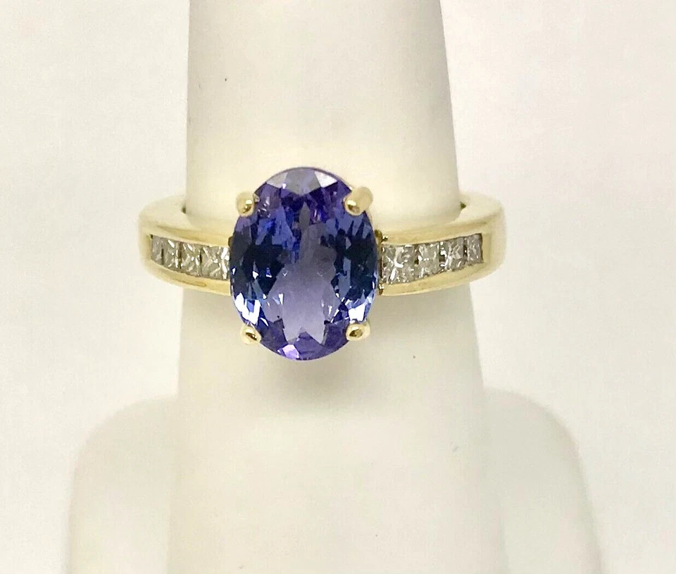 3.65 ct Oval Cut Tanzanite & Diamond Engagement Ring Real 14k SOLID Yellow Gold